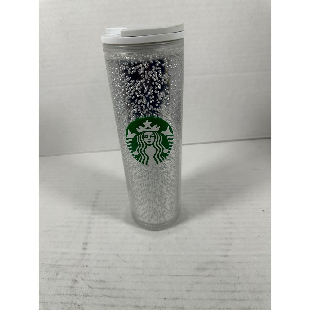 Starbucks Tumbler Cup 16 fl oz Clear Acrylic Silver Glitter Confetti‎ Lid